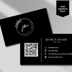 Tarjeta de visita negra con código QR Plantilla de tarjeta de visita minimalista Tarjeta de visita DIY Plantilla de tarjeta de visita Canva Tarjeta de visita de doble cara