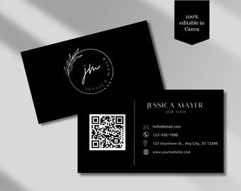 Black QR Code Business Card Minimal Business Card Template DIY Business Card Canva Business Card Template Double Sided Business Card