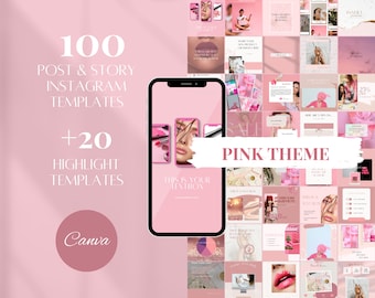 May include: A set of 100 pink themed Instagram post and story templates, plus 20 highlight templates, designed for use with Canva. The templates feature a variety of designs, including text boxes, images, and graphics.