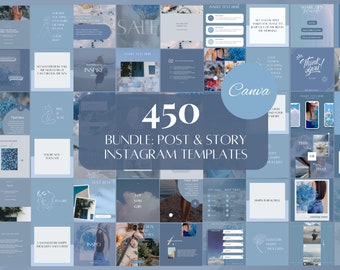 May include: A collection of 450 Instagram post and story templates in shades of blue and white. The templates feature various designs, text boxes, and inspirational quotes. The Canva logo is visible. The overall theme is modern and minimalist.