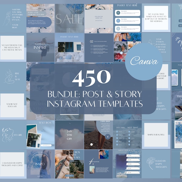 450 Blaue Social Media Templates| Blau Instagram Canva Templates| Instagram Karussell Vorlagen| Blauer Ozean tropische Verlobungsvorlagen