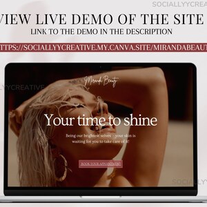 May include: A laptop computer screen displaying a website for a beauty business called "Miranda Beauty". The website has a photo of a woman with blonde hair and the text "Your time to shine" and "Being our brightest selves - your skin is waiting for you to take care of it!"  The website also has a button that says "Book Your Appointment".