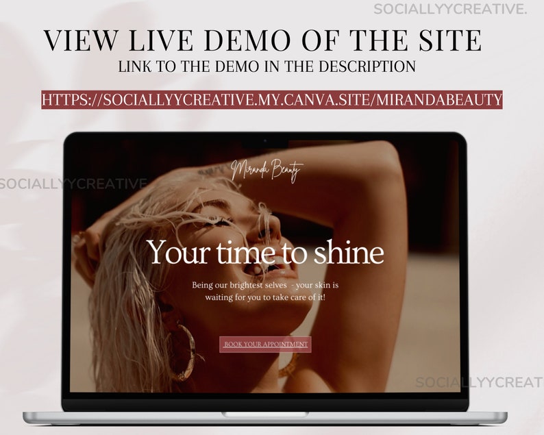 May include: A laptop computer screen displaying a website for a beauty business called "Miranda Beauty". The website has a photo of a woman with blonde hair and the text "Your time to shine" and "Being our brightest selves - your skin is waiting for you to take care of it!"  The website also has a button that says "Book Your Appointment".