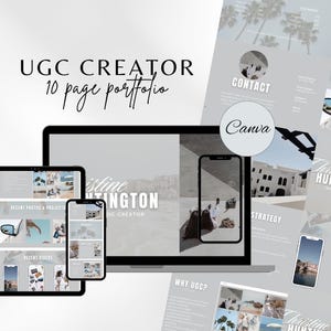Op de afbeelding: Een 10-pagina portfolio voor een UGC-maker, met een laptop-, tablet- en telefoonmockup. De portfolio bevat secties voor recente foto's en projecten, recente video's, strategie, waarom UGC en contactgegevens. De portfolio is ontworpen in een minimalistische stijl met een grijze achtergrond en witte tekst.