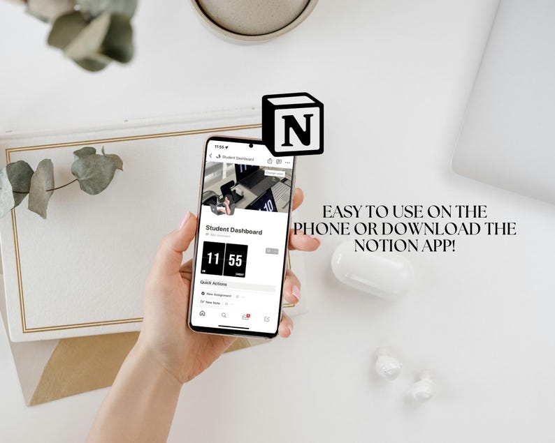 May include: A screenshot of a phone displaying a student dashboard app with a timer set to 11:55. The app is open on a Notion page, which is a note-taking and organization app. The app is easy to use on a phone or can be downloaded from the Notion app.