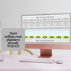 May include: A rose gold iMac computer displays a weekly planner template with sections for text and images. The screen shows a grid layout with dates and spaces for content. A white keyboard and mouse sit on a pink desk. Text on the screen says "WEEK 1 - Insert some text or dates here as well."