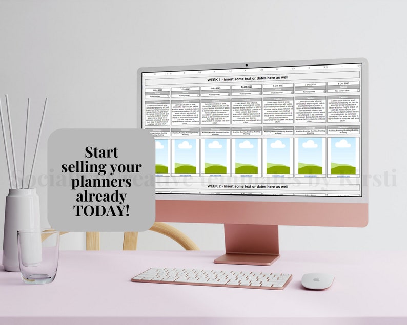 May include: A rose gold iMac computer displays a weekly planner template with sections for text and images. The screen shows a grid layout with dates and spaces for content. A white keyboard and mouse sit on a pink desk. Text on the screen says "WEEK 1 - Insert some text or dates here as well."