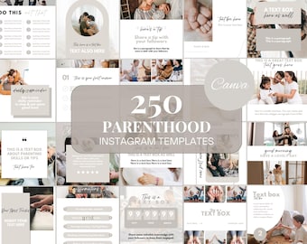 Pode incluir: Um conjunto de 250 modelos de Instagram para pais. Os modelos apresentam uma paleta de cores neutras bege e branco com caixas de texto e imagens de famílias. O texto inclui frases como "Compartilhe uma dica com seus seguidores", "Este é o seu primeiro ano" e "Bom dia, tenha um ótimo dia".