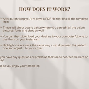 May include: Text explaining how to use digital templates. After purchasing, you'll receive a PDF file with links to Canva templates. You can edit the colors, pictures, fonts, and sizes. Download the designs to your computer or phone and use them on Instagram. Highlight covers work the same way - download the perfect one and adjust it to your cover.