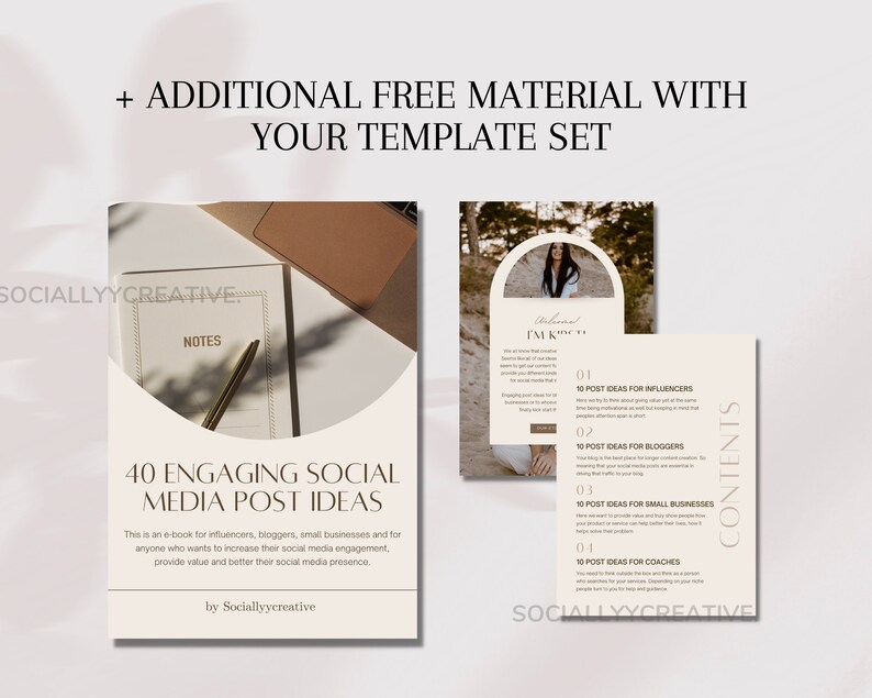 May include: A beige and brown digital download with the text "40 Engaging Social Media Post Ideas" and "Sociallyycreative". The download includes 10 post ideas for influencers, bloggers, small businesses, and coaches.