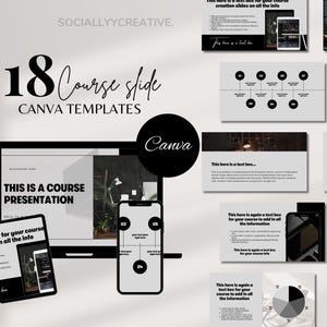 May include: A set of 18 black and white Canva course slide templates. The slides feature a minimalist design with text boxes and a variety of graphic elements. The text on the slides reads "This is a course presentation", "This here is a text box", "This here is again a text box for your course to add in all the information", and "Example 1".