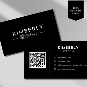 Fotograf QR-Visitenkarte Schwarz Minimal Visitenkarte Vorlage DIY-Visitenkarte Schwarz Canva-Visitenkarte Doppelseitig QR-Code Karte