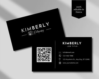 Photographer QR Business Card Black Minimal Business Card Template DIY Business Card Black Canva Business Card Double Sided QR Code Card