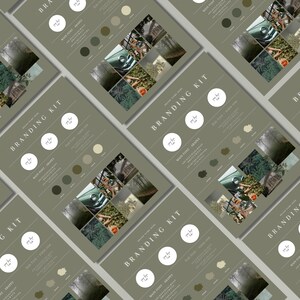 May include: Branding kit with a green and white color palette. The kit includes a logo, font choices, and color swatches. The images are a collage of nature scenes, including a car, trees, and plants.