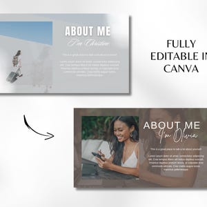 May include: Two editable Canva templates for an "About Me" page. The first template features a woman with a suitcase walking on a beach. The second template features a woman holding a phone and the text "About Me I'm Olivia".