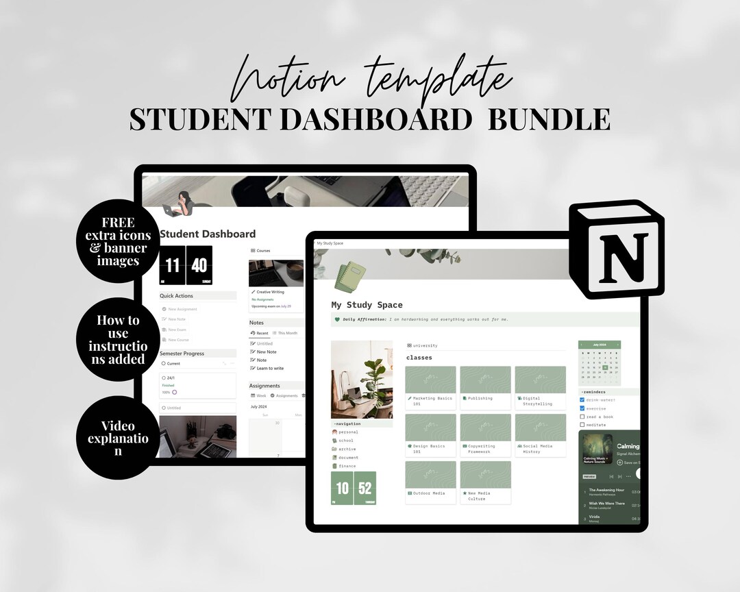 Notion Study Planner Bundle Notion School Template Dark Study Green ...