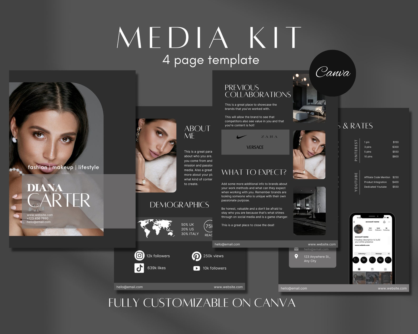 4 Page Media Kit Canva Template Black Instagram Media Kit Influencer ...