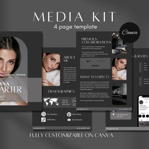 4 Page Media Kit Canva Template Black Instagram Media Kit Influencer Rate Sheet Blogger Press Kit Facebook Rate Sheet Tiktok Media Kit Black