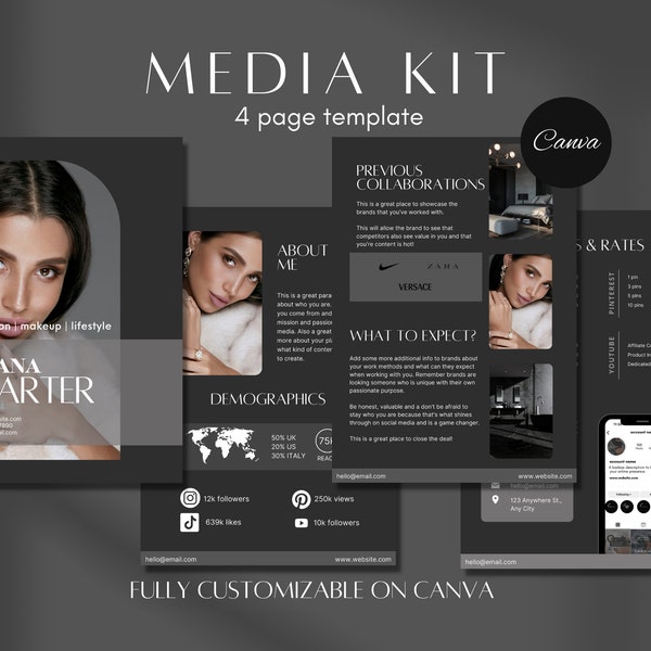 4-seitiges Media Kit Canva Template Schwarz Instagram Media Kit Infulenser Rate Sheet Blogger Press Kit Facebook Rate Sheet Tiktok Media Kit Schwarz