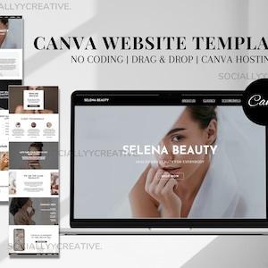 May include: A laptop computer displaying a website template for a beauty business called "Selena Beauty". The website is designed using Canva and features a black and white color scheme with a photo of a woman's face. The text on the website reads "Health and Beauty for Everybody" and "Shop Now".