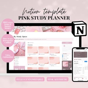 Puede incluir: Un planificador de estudio de plantilla Notion de estética rosa que se muestra en una computadora portátil y un teléfono inteligente. La pantalla de la computadora portátil muestra una interfaz rosa y blanca con el texto "My Study Space" y "classes". El teléfono inteligente muestra un horario. El texto incluye "Notion template PINK STUDY PLANNER".