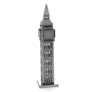 May include: A silver-colored metal model of the Big Ben clock tower. The model has intricate details, including the clock faces and architectural features. The tower stands tall on a rectangular base, showcasing a detailed miniature replica.