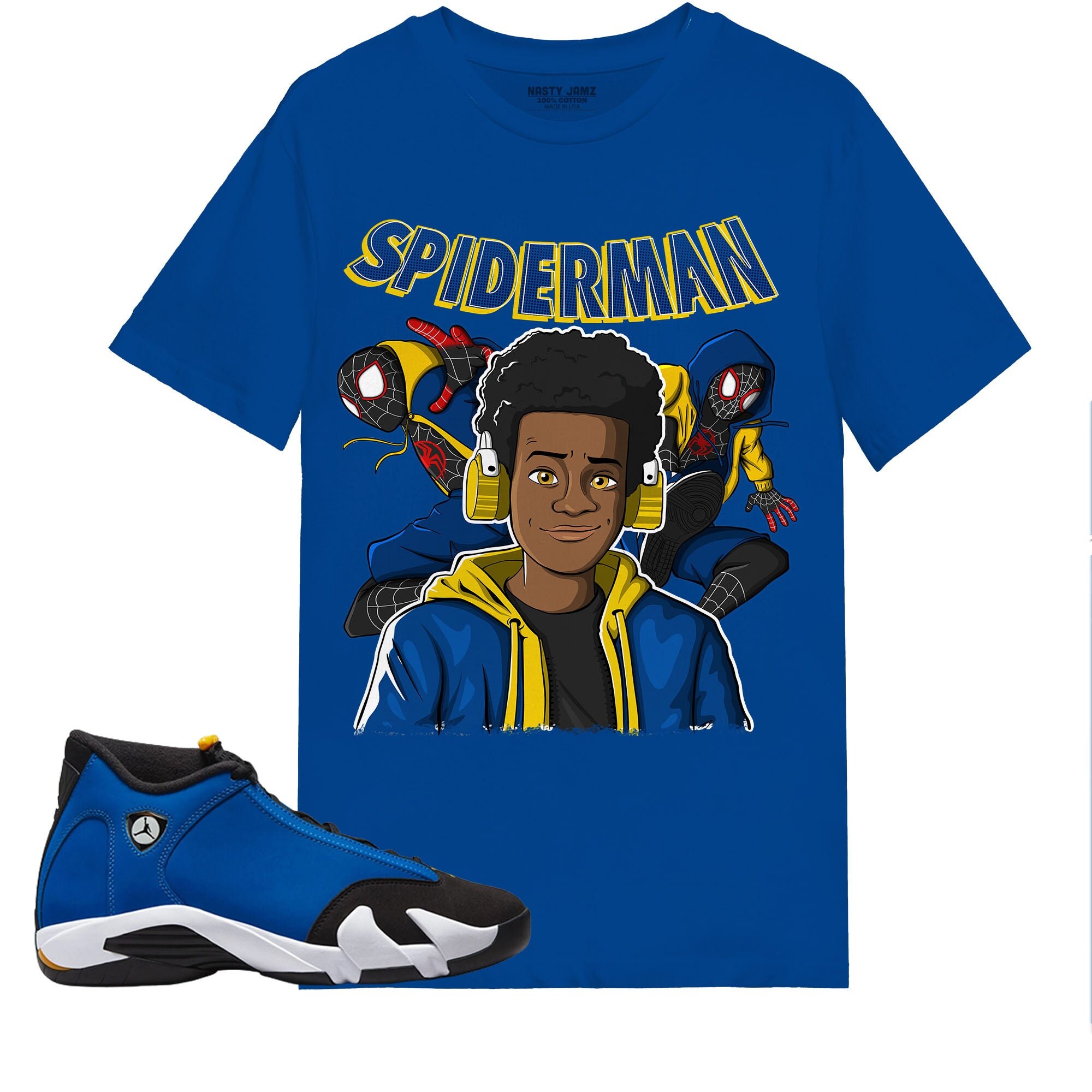 Black Spider Man Shirt Match Jordan 14 Laney Shirt In Color Royal 