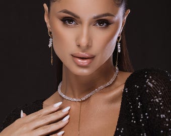 Crystal Jewelry Set – Minimalist Y Necklace & Long Dangle Earrings, Bridal Wedding Jewelry, Elegant Gift for Her