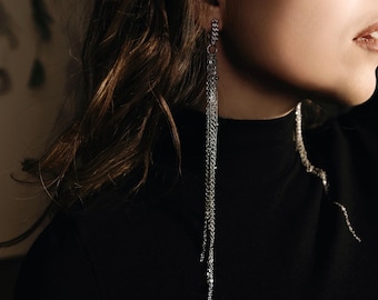 Extra long earrings with chain for shoot, Exquisite earrings evening attire