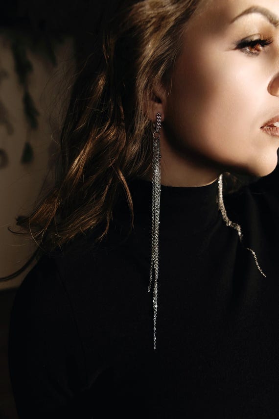 Extra long earrings with chain for shoot, Exquisite earrings evening attire