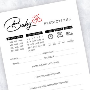 Tarjeta de predicción de bebé, Tarjetas de consejos para nuevos padres, Juego de predicción de bebé, Predicciones de bebé imprimibles, Adivinar la fecha de parto del bebé, Plantilla de predicción