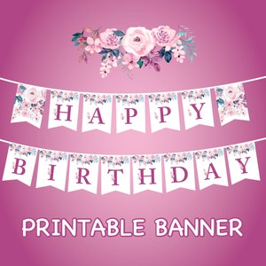 Niedliches druckbares Happy Birthday Banner, Geburtstagsparty, Banner Blumen, einfach alle Großbuchstaben, Instant Download