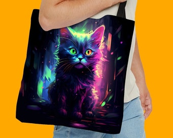 May include: A black tote bag with a neon-colored cat illustration. The cat has green eyes and is surrounded by a colorful, abstract background.