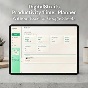 May include: A tablet displaying the DigitalStraits Productivity Timer Planner dashboard interface with a light cream background, green sidebar navigation, and various data widgets for tracking daily goals, tasks, and time without external software.