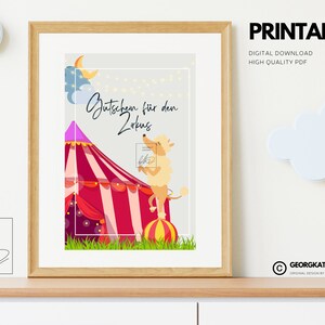 May include: Printable digital download of a circus themed gift certificate with a pink and white striped tent, a dog wearing a red and white striped costume, and the text "Gutschein für den Zirkus".