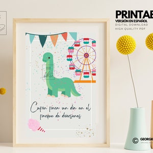 May include: Printable coupon for a day at the amusement park, featuring a green dinosaur, a Ferris wheel, and colourful confetti. The text reads "Cupon para un dia en el parque de diversiones".