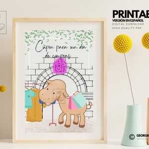 May include: Printable coupon for a day of shopping, featuring a cartoon camel with shopping bags and a pink padlock with a heart. The text "Cupón para un día de compras" is written in Spanish.