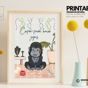 May include: A printable coupon for jewelry making, featuring a cartoon gorilla wearing a monocle and holding a necklace. The coupon is surrounded by colorful beads and the text "Cupón para hacer joyas" is written in Spanish.