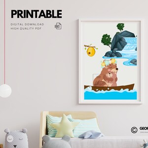 May include: Printable illustration of two brown bears in a boat on a blue river. The bears are wearing flower crowns and the larger bear is holding the smaller bear. There is a waterfall and a beehive in the background.