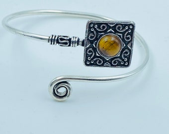 Brazalete Tiger Eys, Plata de Ley 925, Brazalete ajustable Ojo de Tigre, Pulsera de energía, Regalo, Joyería de plata, Piedra de nacimiento, Brazalete de piedra redonda