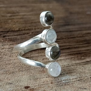 Rainbow Ring, 925 Sterling Silver, Labradorite & Moonstone Ring Two Ring, Gemstone Ring, Moonstone Ring, Labradorite Ring, Gift For Her