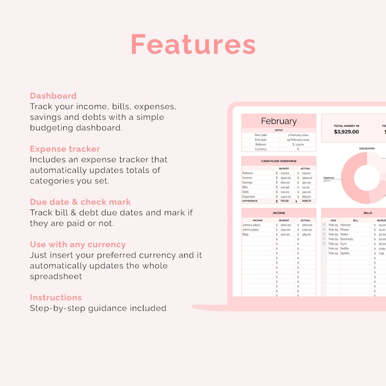 Cute Budget Planner for Google Sheets, Monthly Budget Template, Simple ...