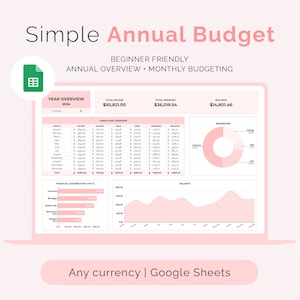 Jaarlijks budgetspreadsheet voor Google Spreadsheets, maandelijks budgetsjabloon, jaarlijkse financiële planner, eenvoudige persoonlijke financiën voor beginners