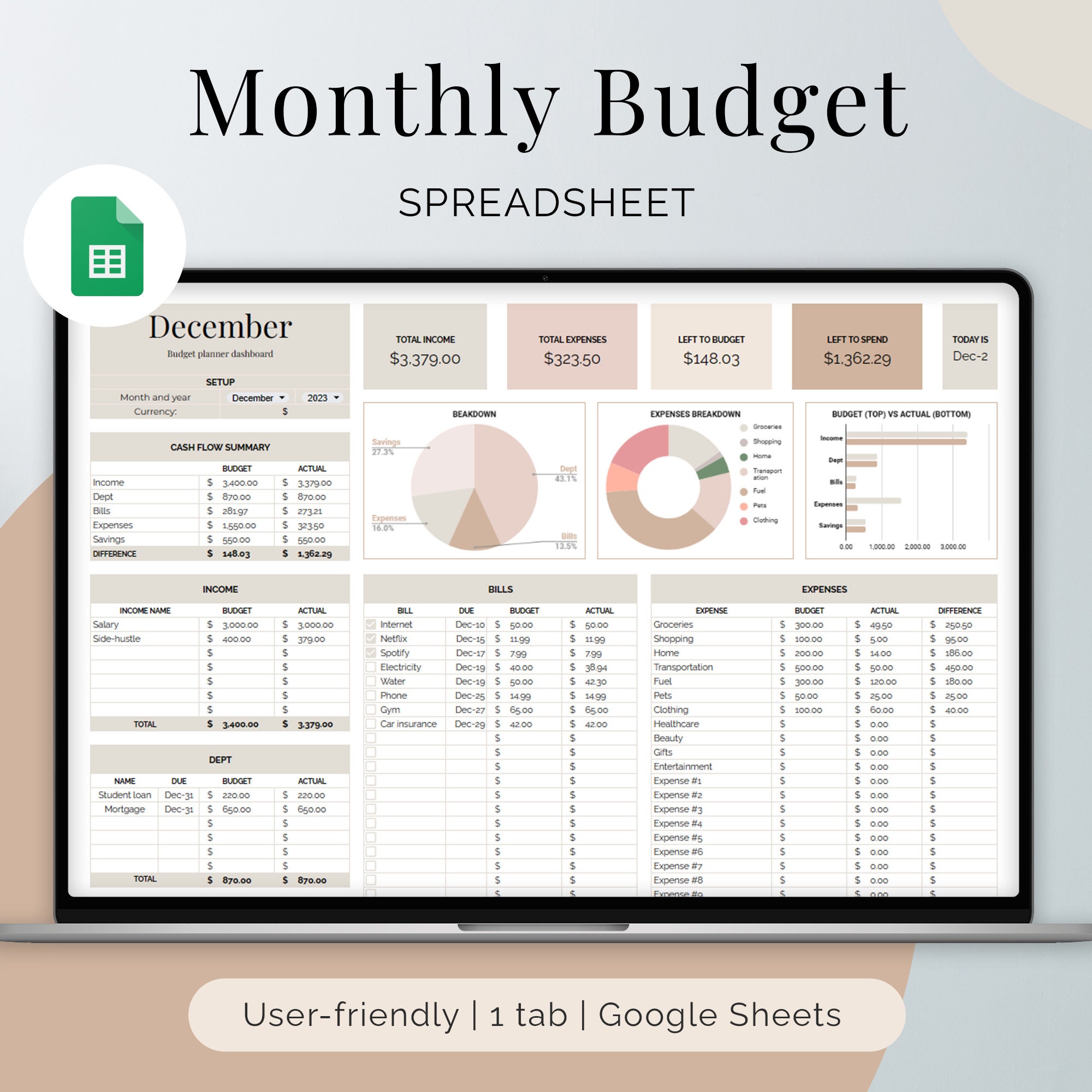 Monthly Budget Planner Spreadsheet Google Sheets Budget - Etsy