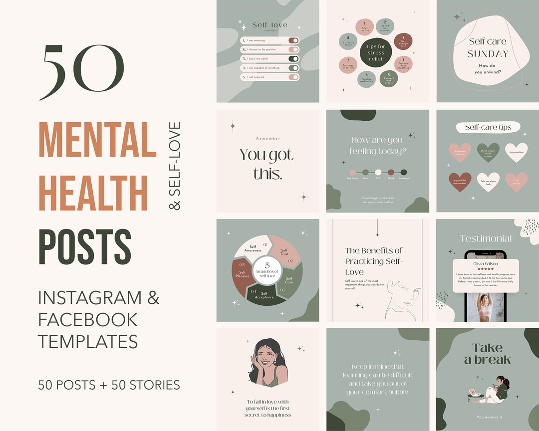 50 Mental Health Instagram Templates, Self-love Canva Templates, Self ...