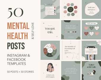 50 plantillas de Instagram de salud mental, plantillas de Canva de amor propio, publicaciones en redes sociales de autocuidado, citas inspiradoras, publicaciones positivas de Canva