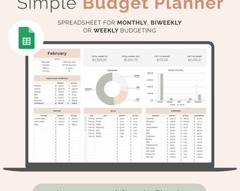 Budget Planner Spreadsheet, Google Sheets Monthly Budget, Simple Template, Personal Finance Planner Sheet, Expense Tracker, Bill Tracker