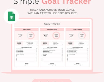 Hojas de cálculo de seguimiento de objetivos simples de Google, plantilla de hoja de cálculo de seguimiento de tareas, planificador de objetivos para principiantes, hoja de cálculo de lista de tareas pendientes para principiantes