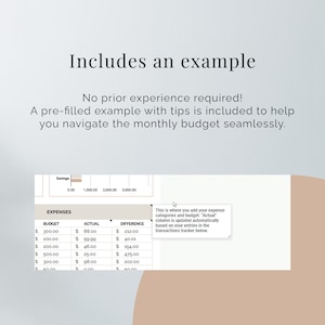 May include: A screenshot of a budget spreadsheet with columns for expenses, budget, actual, and difference. The spreadsheet is pre-filled with example data and includes a tip box explaining how to use the spreadsheet.