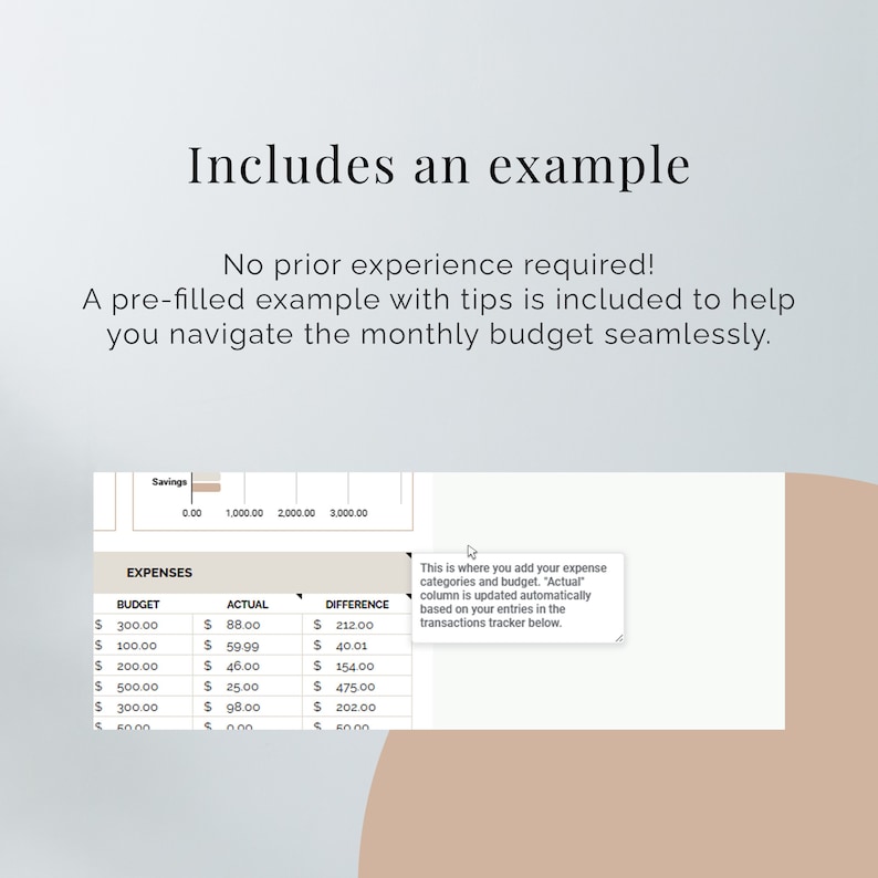 May include: A screenshot of a budget spreadsheet with columns for expenses, budget, actual, and difference. The spreadsheet is pre-filled with example data and includes a tip box explaining how to use the spreadsheet.